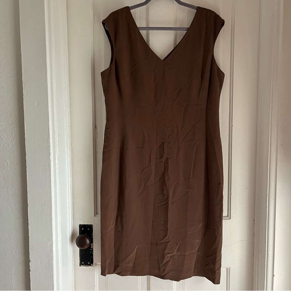 Jones New York brown silk sleeveless v neck vintage dress size 16